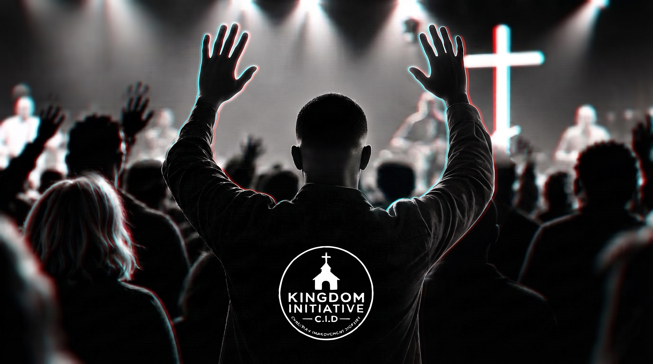 Black-and-white worshipper with raised hands before a bright cross
